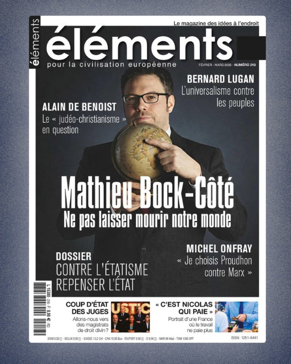 Couverture du magazine "éléments" avec Mathieu Bock-Côté tenant un globe. Titres en français sur divers sujets politiques et culturels.
